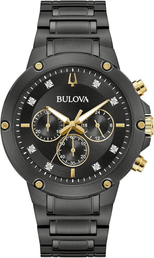 Bulova Men's Classic 6-Hand Chronograph Diamond Quartz Black Ion Plated Stainless Steel Watch, 24 Hour Time, 43mm, Style:98D190