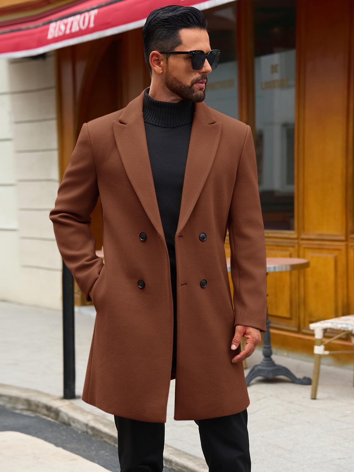 Runcati Mens Trench Coat Notched Lapel Double Breasted Mid Long Pea Coat Casual Fall Winter Classic Overcoat