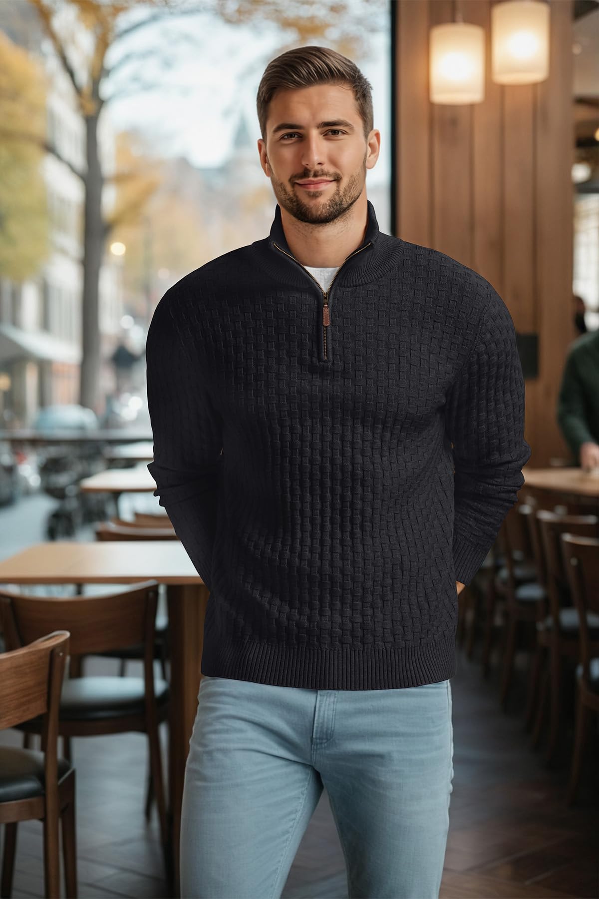 Askdeer Men's Quarter Zip Sweater Waffle Knit Sweater Mock Neck Polo Sweater Casual Pullover Sweater with Ribbing Edge