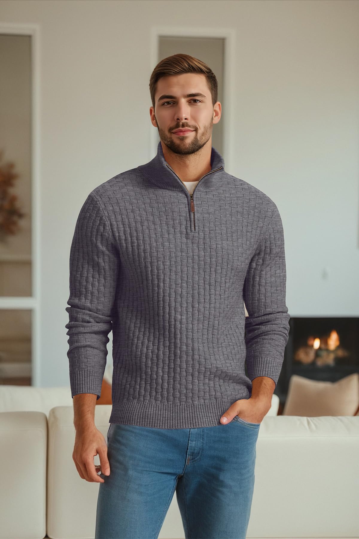 Askdeer Men's Quarter Zip Sweater Waffle Knit Sweater Mock Neck Polo Sweater Casual Pullover Sweater with Ribbing Edge