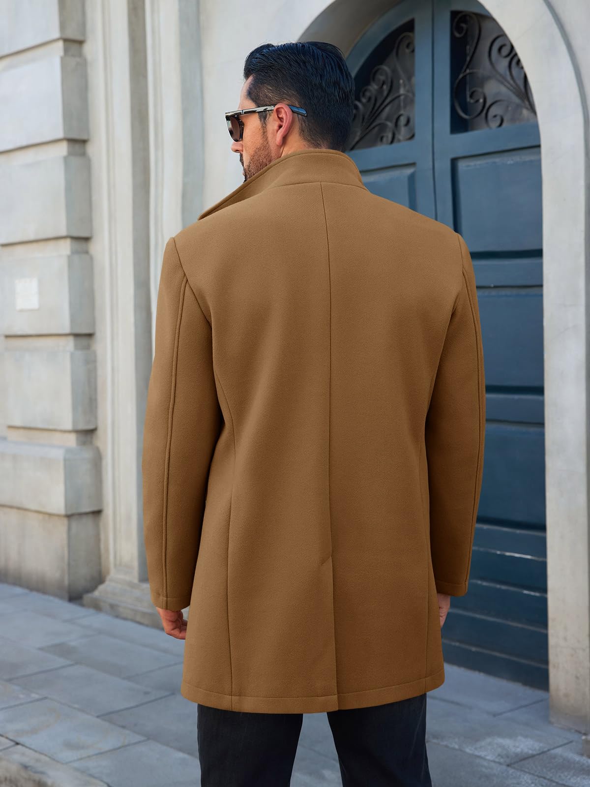 Runcati Mens Pea Coats Single Breasted Stand Collar Casual Slim Fit Trench Coat Mid Long Winter Overcoat with Pockets