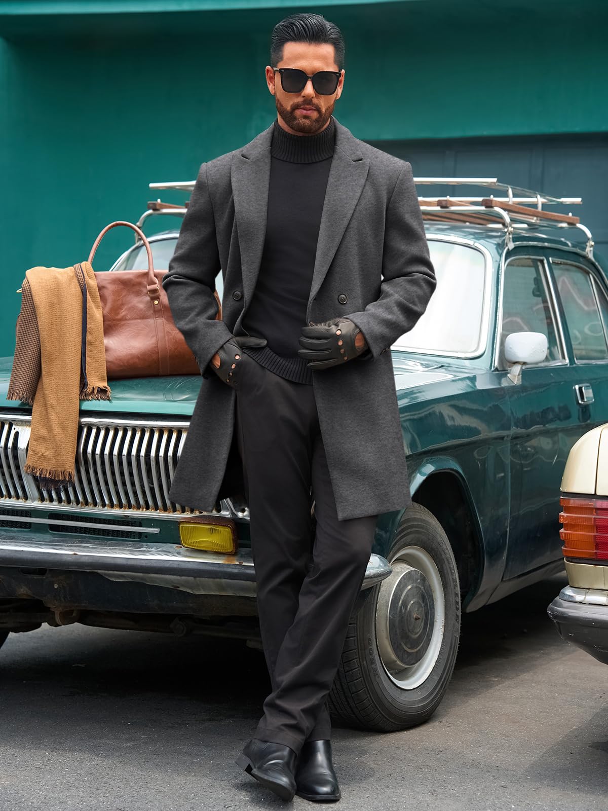 Runcati Mens Trench Coat Notched Lapel Double Breasted Mid Long Pea Coat Casual Fall Winter Classic Overcoat