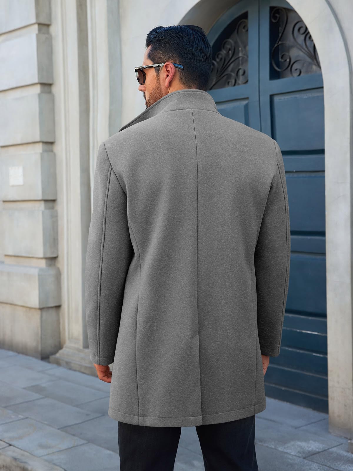 Runcati Mens Pea Coats Single Breasted Stand Collar Casual Slim Fit Trench Coat Mid Long Winter Overcoat with Pockets