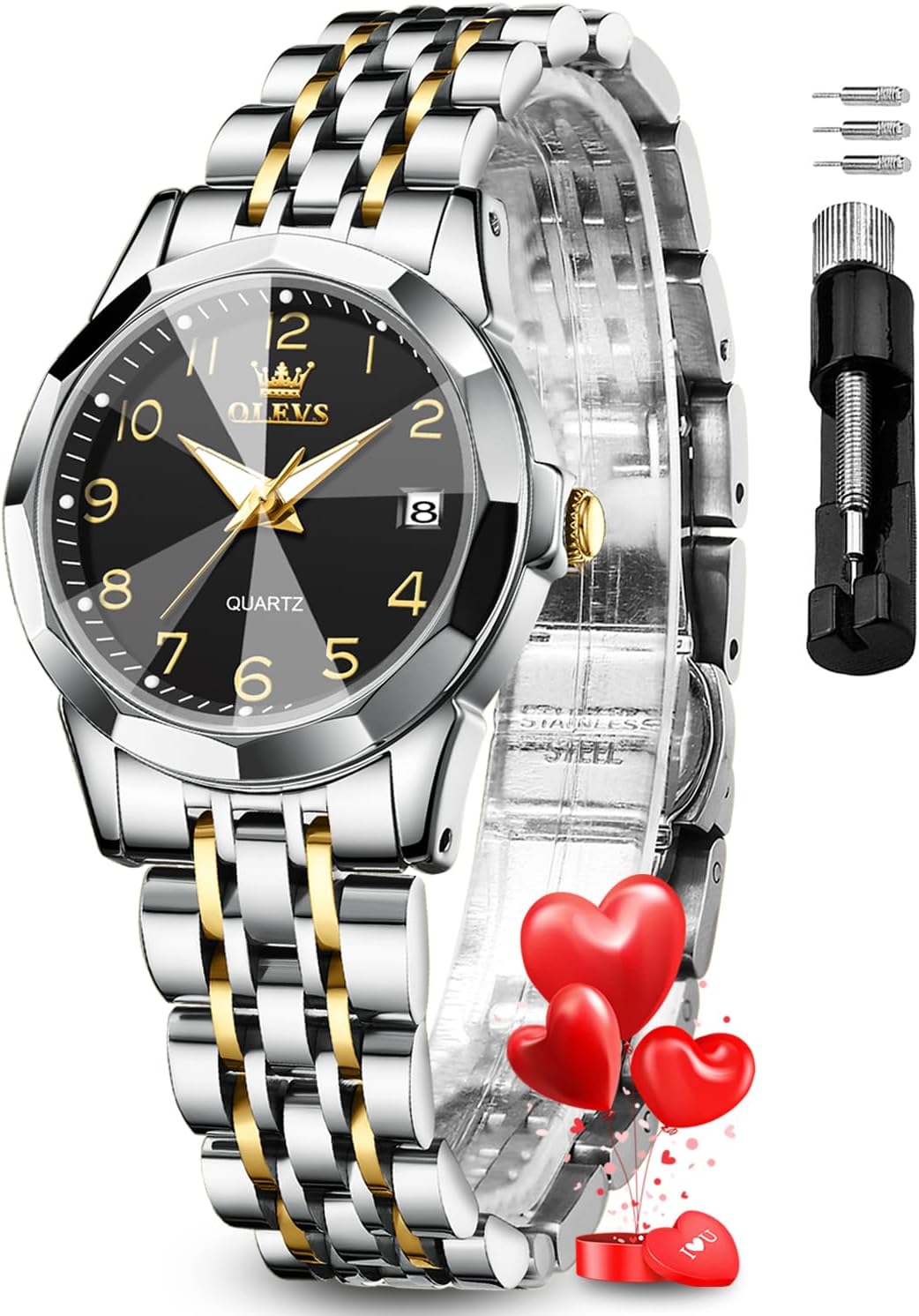 OLEVS Womens Watch Fashion Dress Diamond Female Watches for Ladies Analog Quartz Stainless Steel Waterproof Luminous Day Date Two Tone Wristwatch