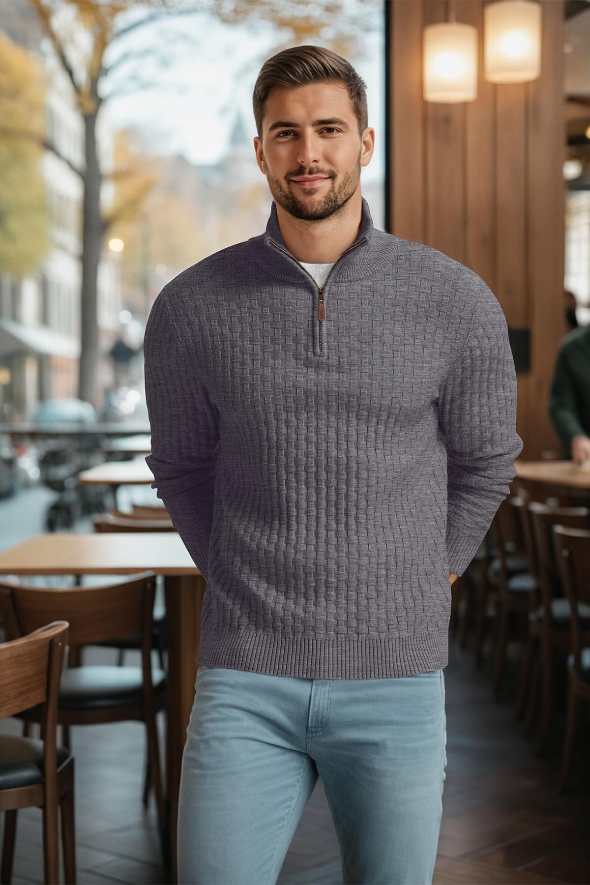 Askdeer Men's Quarter Zip Sweater Waffle Knit Sweater Mock Neck Polo Sweater Casual Pullover Sweater with Ribbing Edge