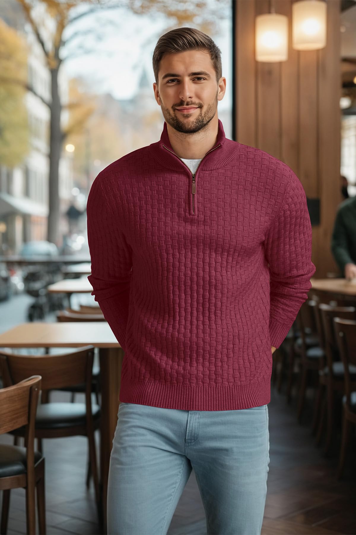 Askdeer Men's Quarter Zip Sweater Waffle Knit Sweater Mock Neck Polo Sweater Casual Pullover Sweater with Ribbing Edge