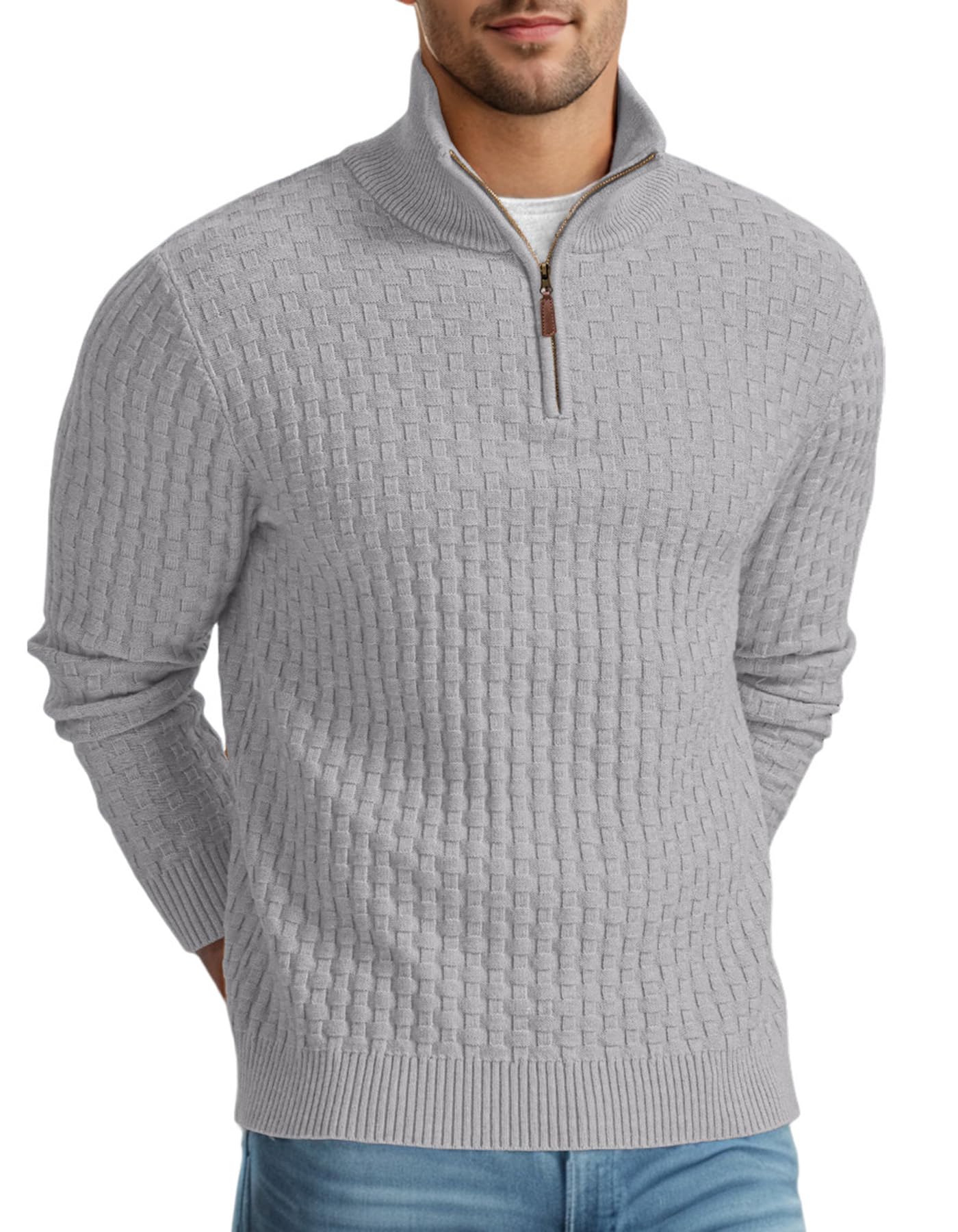 Askdeer Men's Quarter Zip Sweater Waffle Knit Sweater Mock Neck Polo Sweater Casual Pullover Sweater with Ribbing Edge