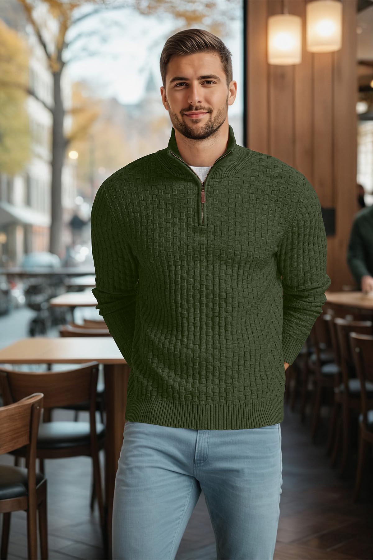 Askdeer Men's Quarter Zip Sweater Waffle Knit Sweater Mock Neck Polo Sweater Casual Pullover Sweater with Ribbing Edge