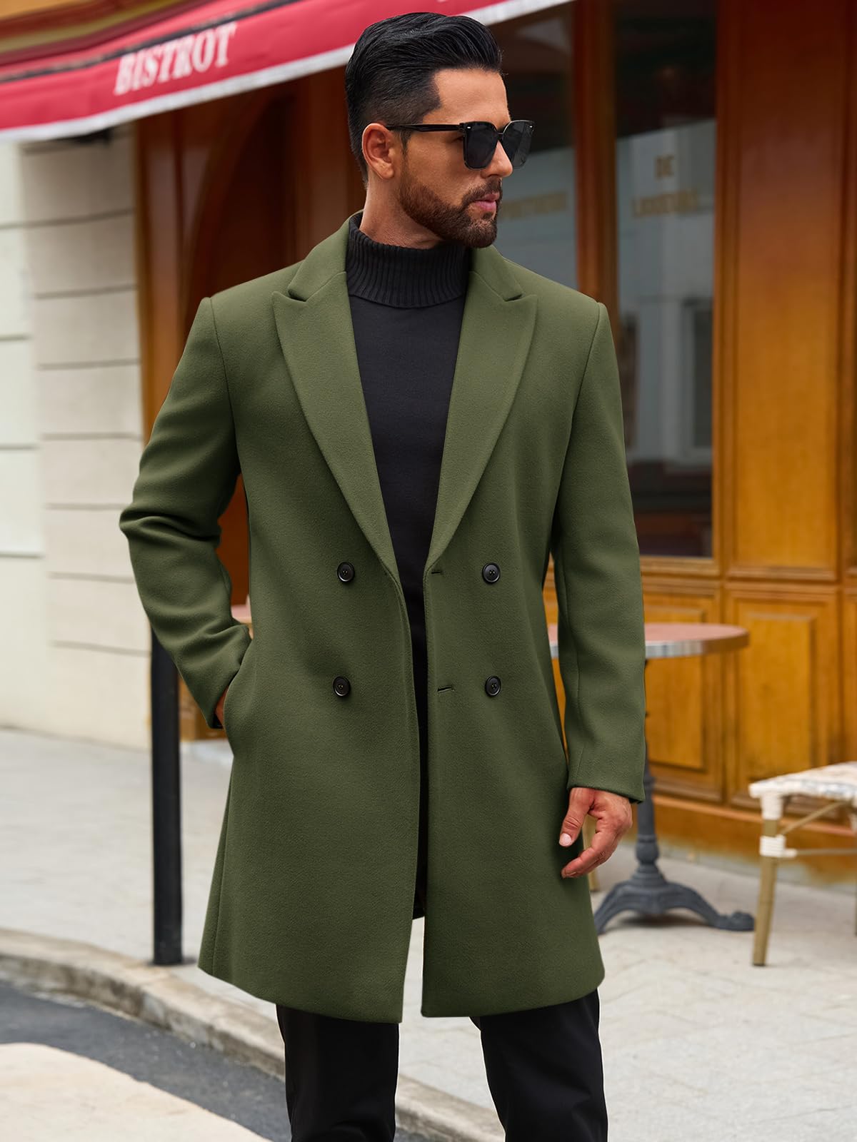 Runcati Mens Trench Coat Notched Lapel Double Breasted Mid Long Pea Coat Casual Fall Winter Classic Overcoat