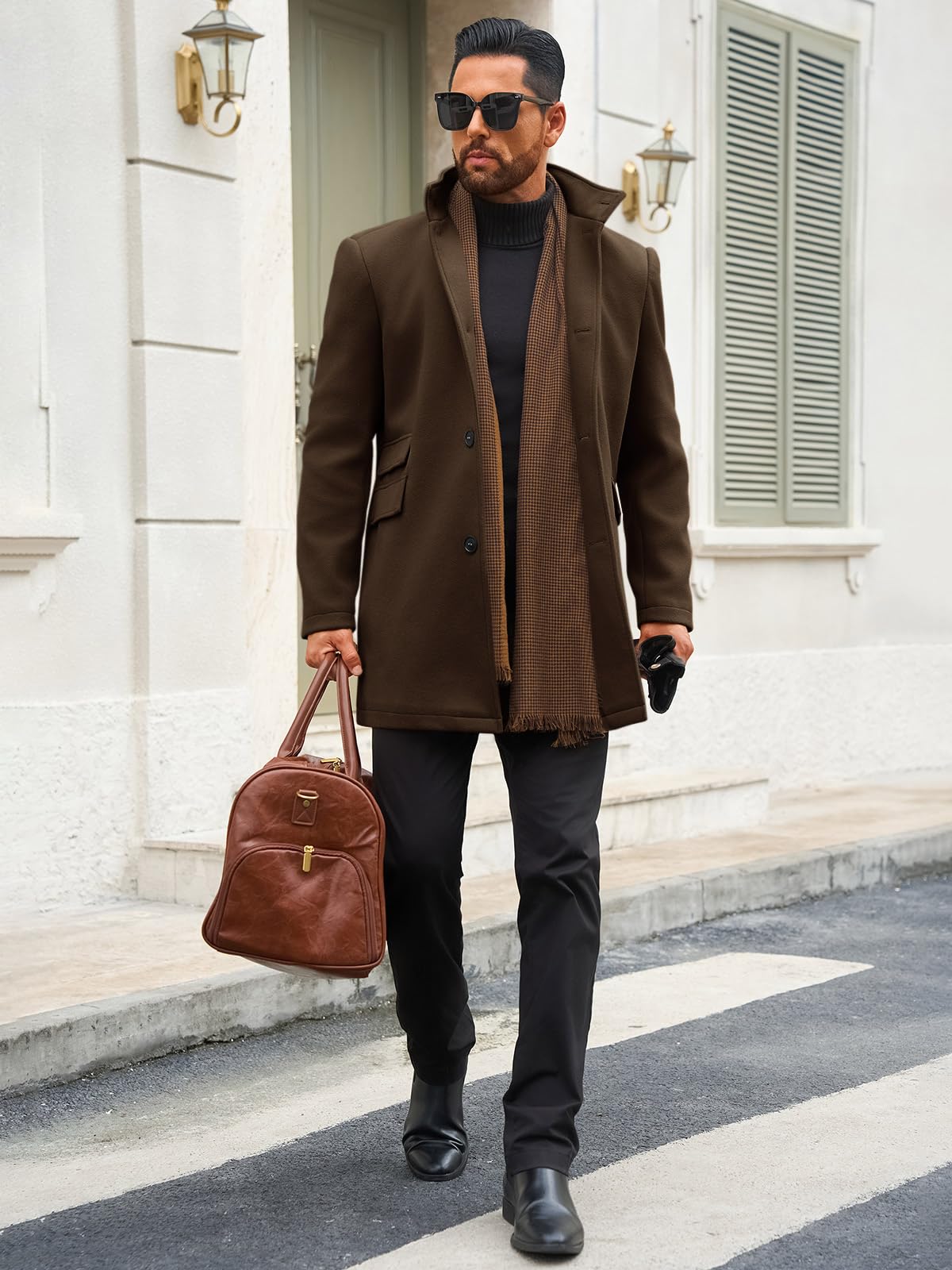 Runcati Mens Pea Coats Single Breasted Stand Collar Casual Slim Fit Trench Coat Mid Long Winter Overcoat with Pockets