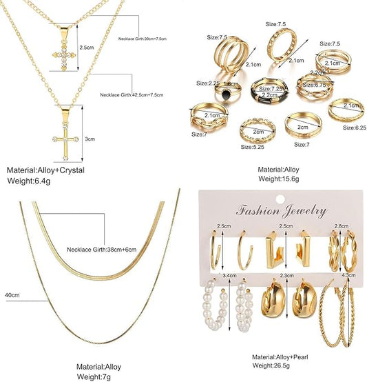 73 Pcs Gold Jewelry Set with 6Pcs Layered Necklace, 11 Pcs anklet and 7Pcs Earring Ear Cuff,12Hoop Earrings