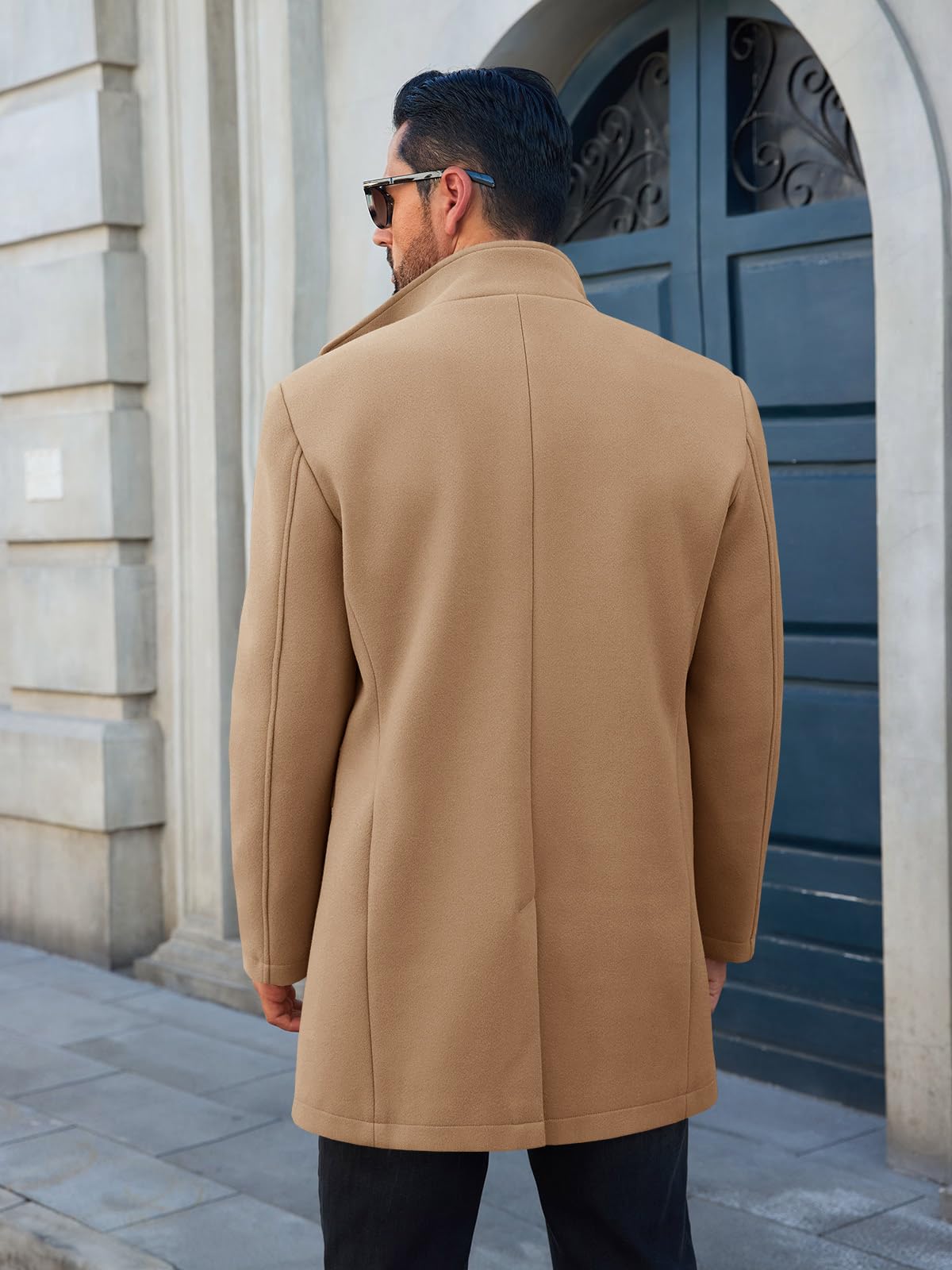 Runcati Mens Pea Coats Single Breasted Stand Collar Casual Slim Fit Trench Coat Mid Long Winter Overcoat with Pockets