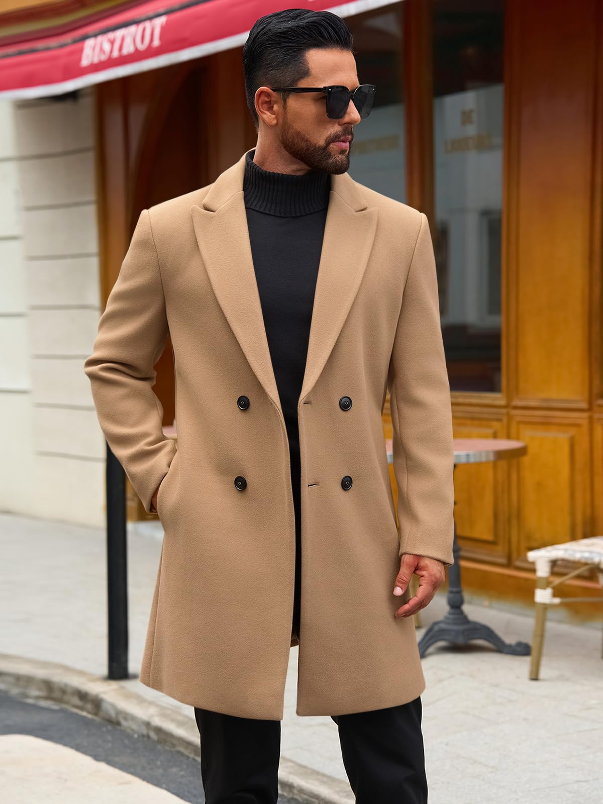 Runcati Mens Trench Coat Notched Lapel Double Breasted Mid Long Pea Coat Casual Fall Winter Classic Overcoat