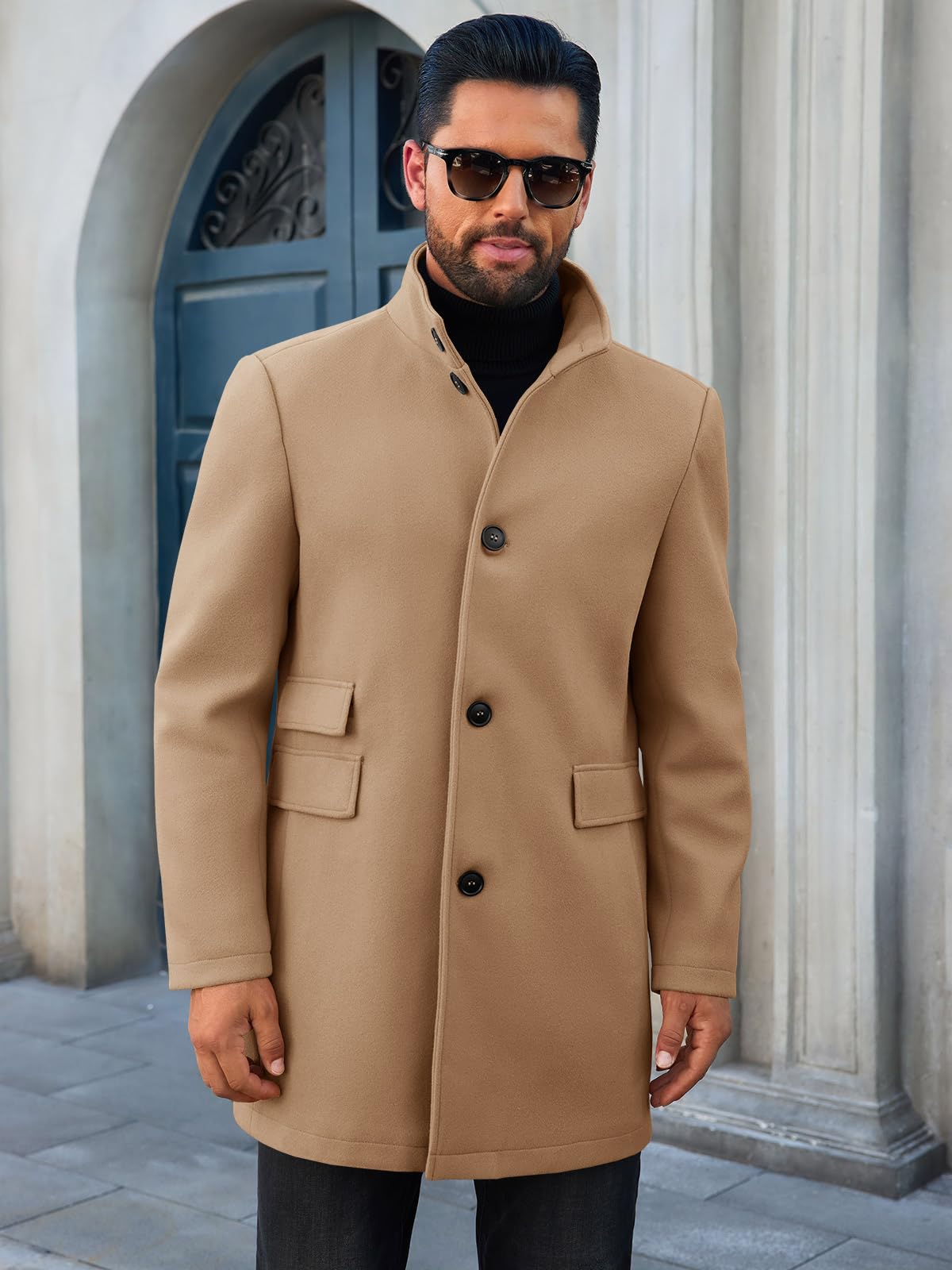 Runcati Mens Pea Coats Single Breasted Stand Collar Casual Slim Fit Trench Coat Mid Long Winter Overcoat with Pockets