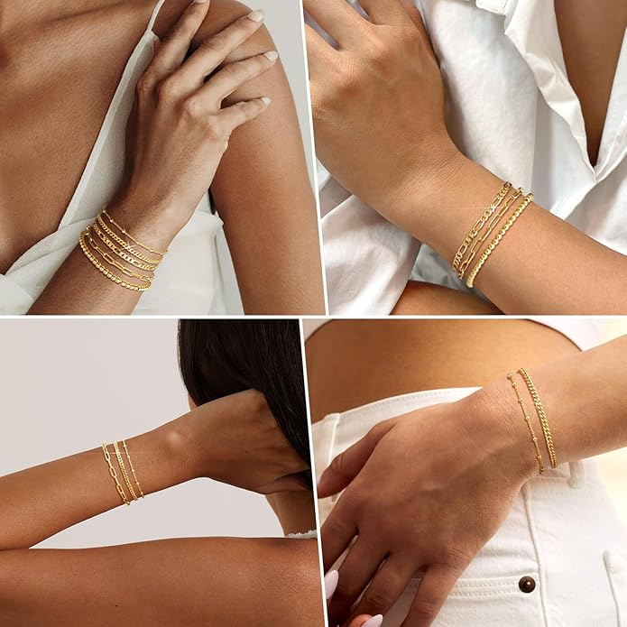 adoyi Gold Bracelets for Women, 14K Gold Plated Stackable Bracelet Stack Set