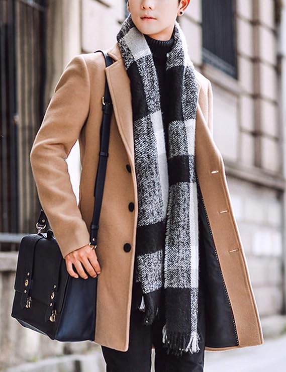 Springrain Men's Wool Blend Pea Coat Notched Collar Single Breasted Overcoat Warm Winter Trench Coat