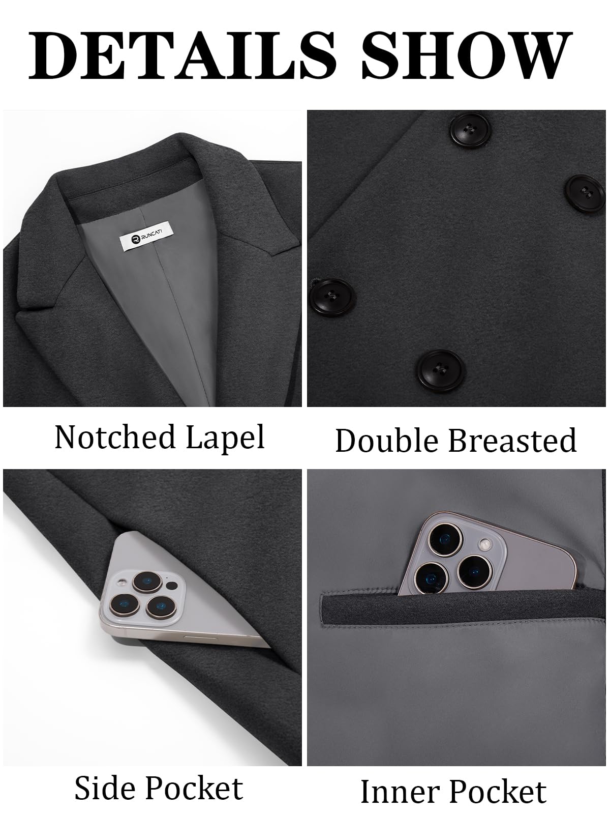 Runcati Mens Trench Coat Notched Lapel Double Breasted Mid Long Pea Coat Casual Fall Winter Classic Overcoat