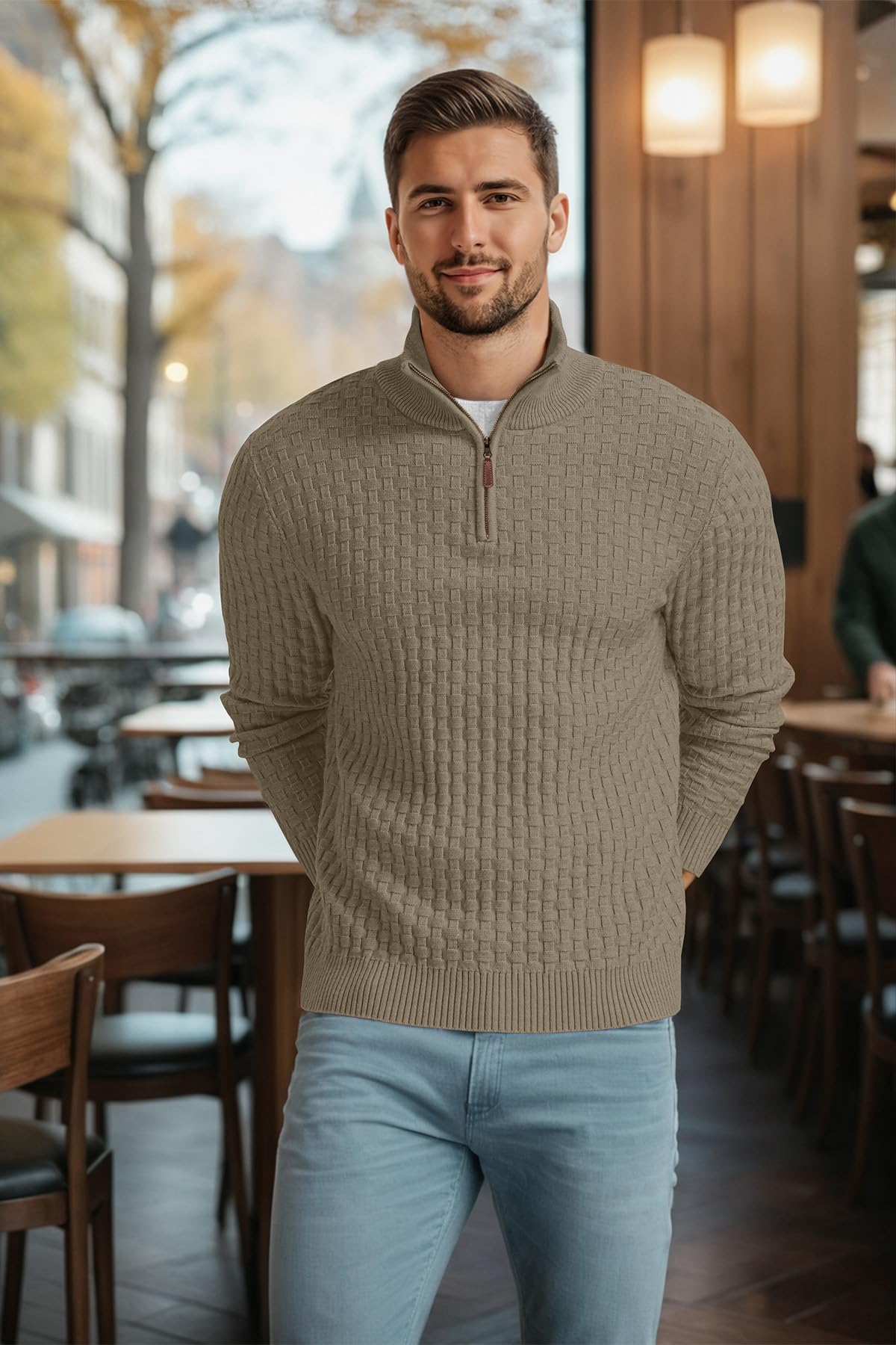 Askdeer Men's Quarter Zip Sweater Waffle Knit Sweater Mock Neck Polo Sweater Casual Pullover Sweater with Ribbing Edge