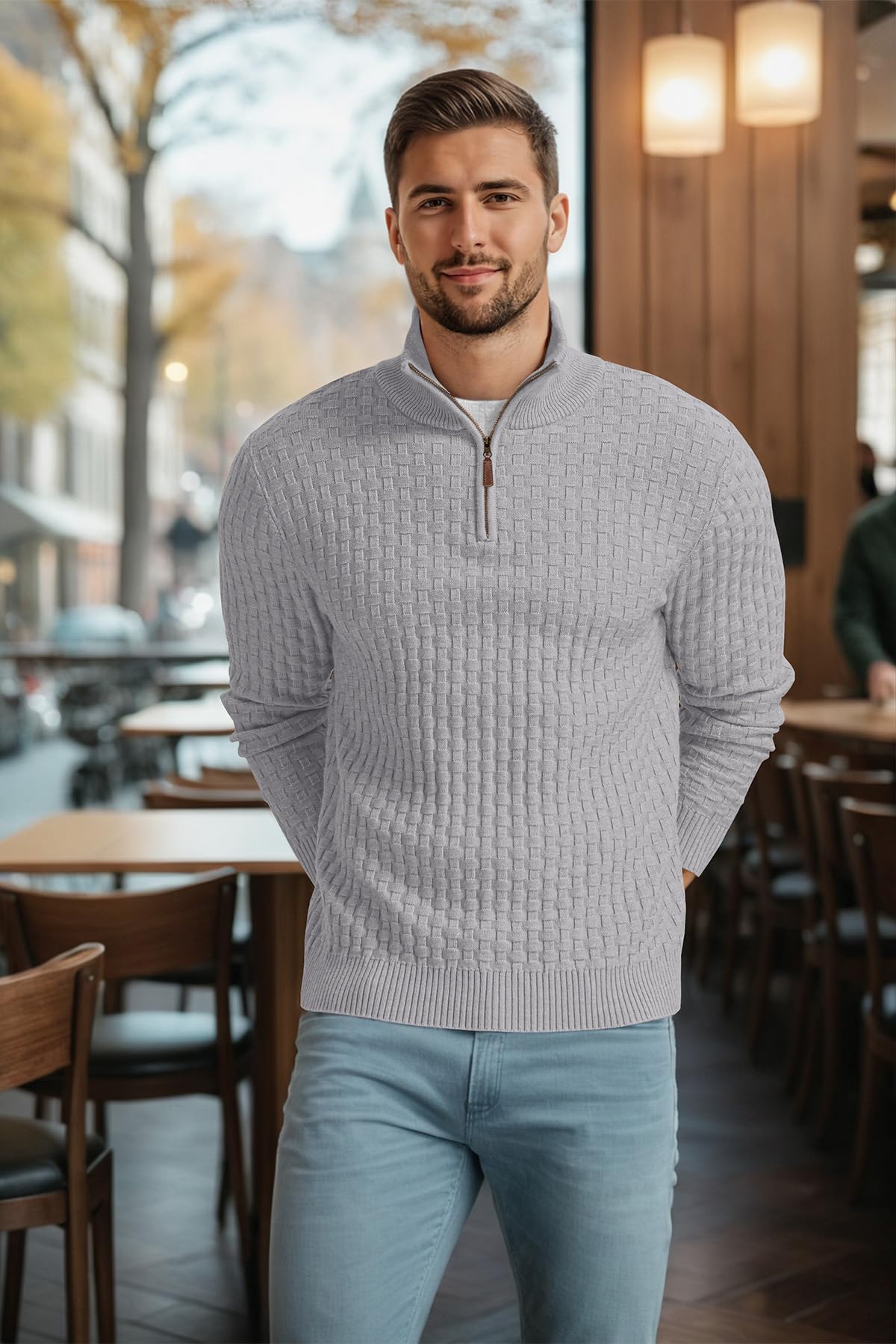 Askdeer Men's Quarter Zip Sweater Waffle Knit Sweater Mock Neck Polo Sweater Casual Pullover Sweater with Ribbing Edge