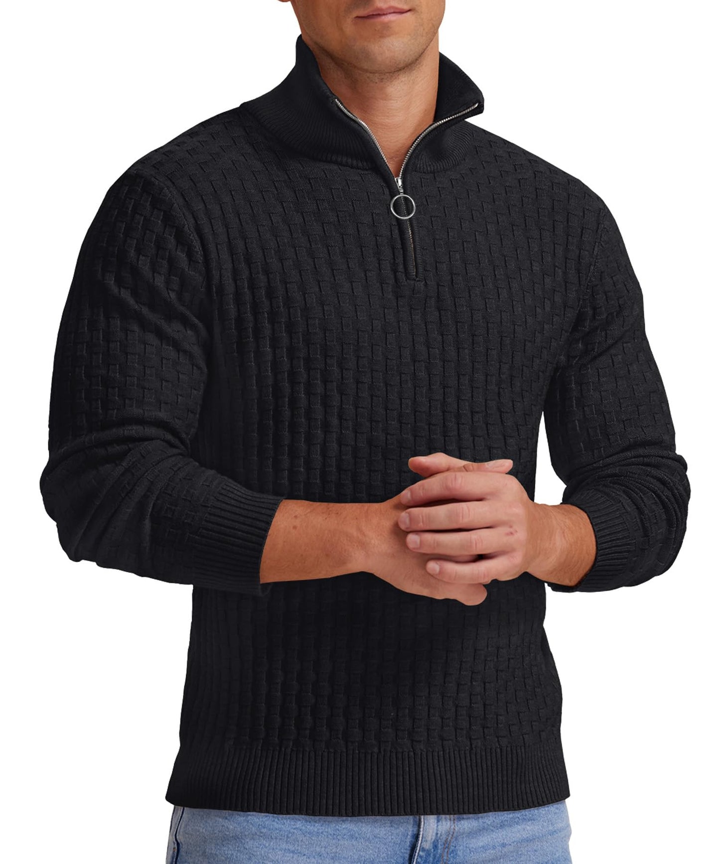 Askdeer Men's Quarter Zip Sweater Waffle Knit Sweater Mock Neck Polo Sweater Casual Pullover Sweater with Ribbing Edge