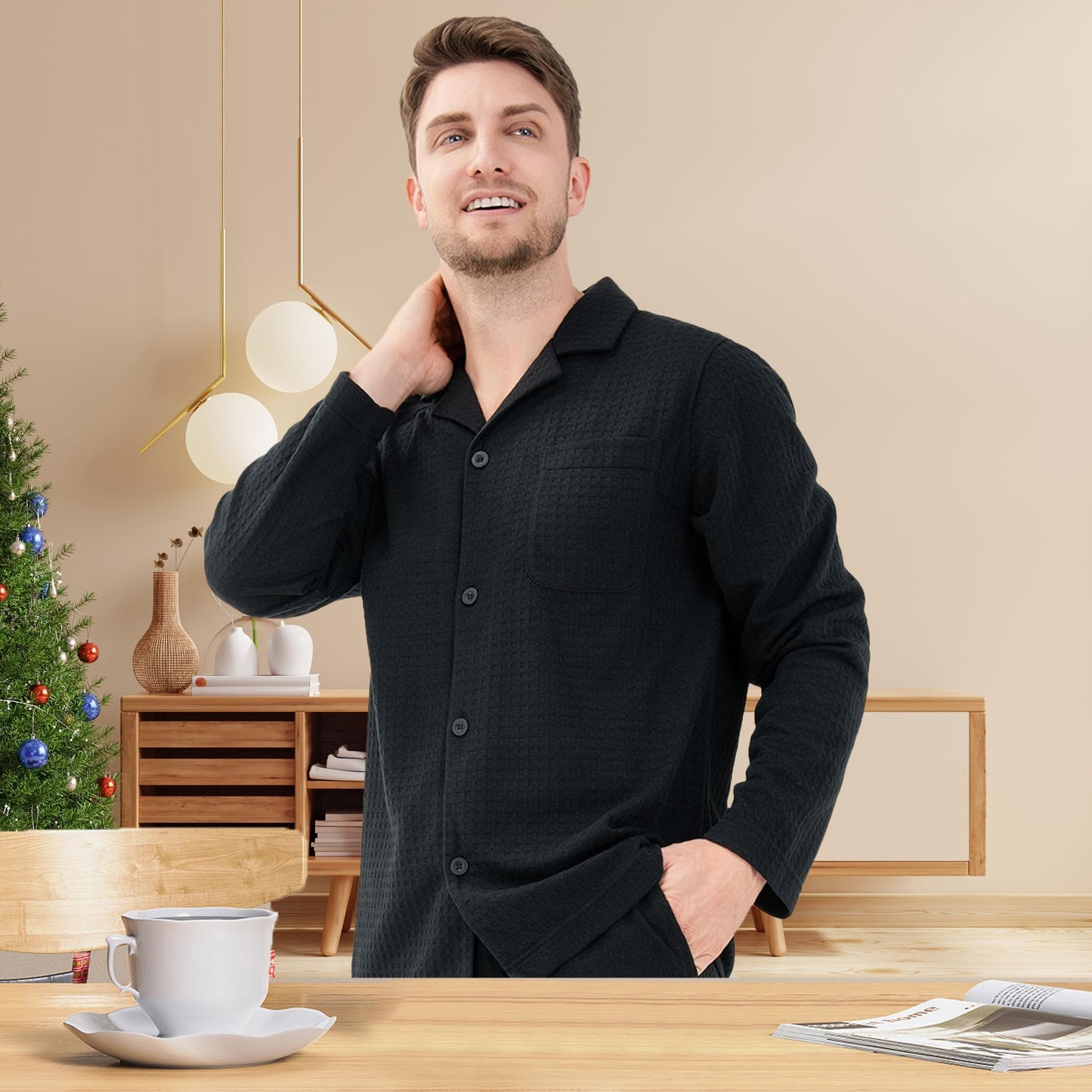 DAVID ARCHY Mens Pajamas Set Soft Cotton Notched Collar Pajamas for Men Long Sleeve Mens Sleepwear with Pockets & Front Fly