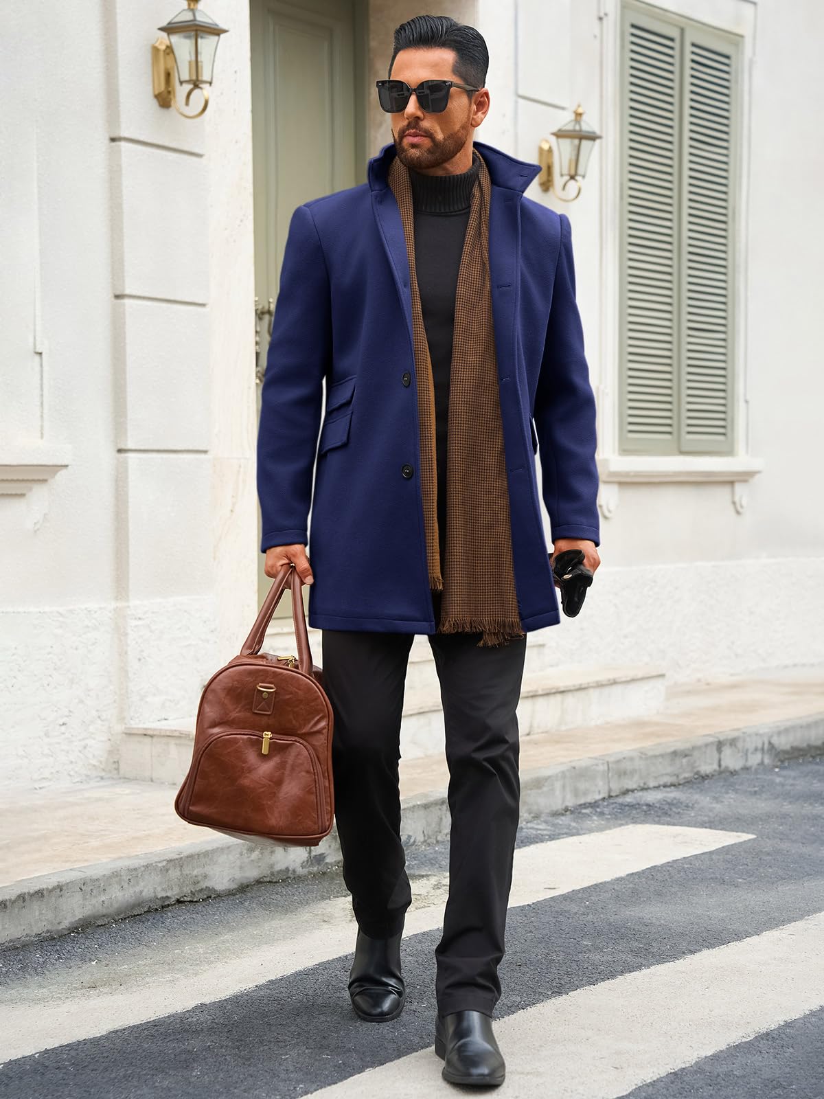 Runcati Mens Pea Coats Single Breasted Stand Collar Casual Slim Fit Trench Coat Mid Long Winter Overcoat with Pockets