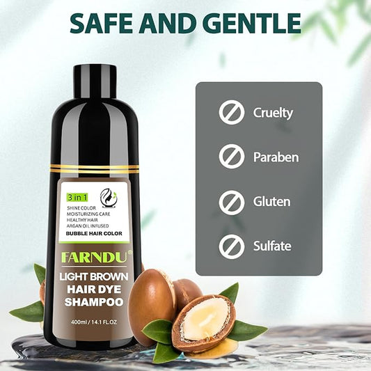 FARNDU Light Brown Hair Dye Shampoo 3 in 1 with Argan Oil – 10-15 Min Gray Coverage, Natural Instant Hair Color Shampoo for Women and Men