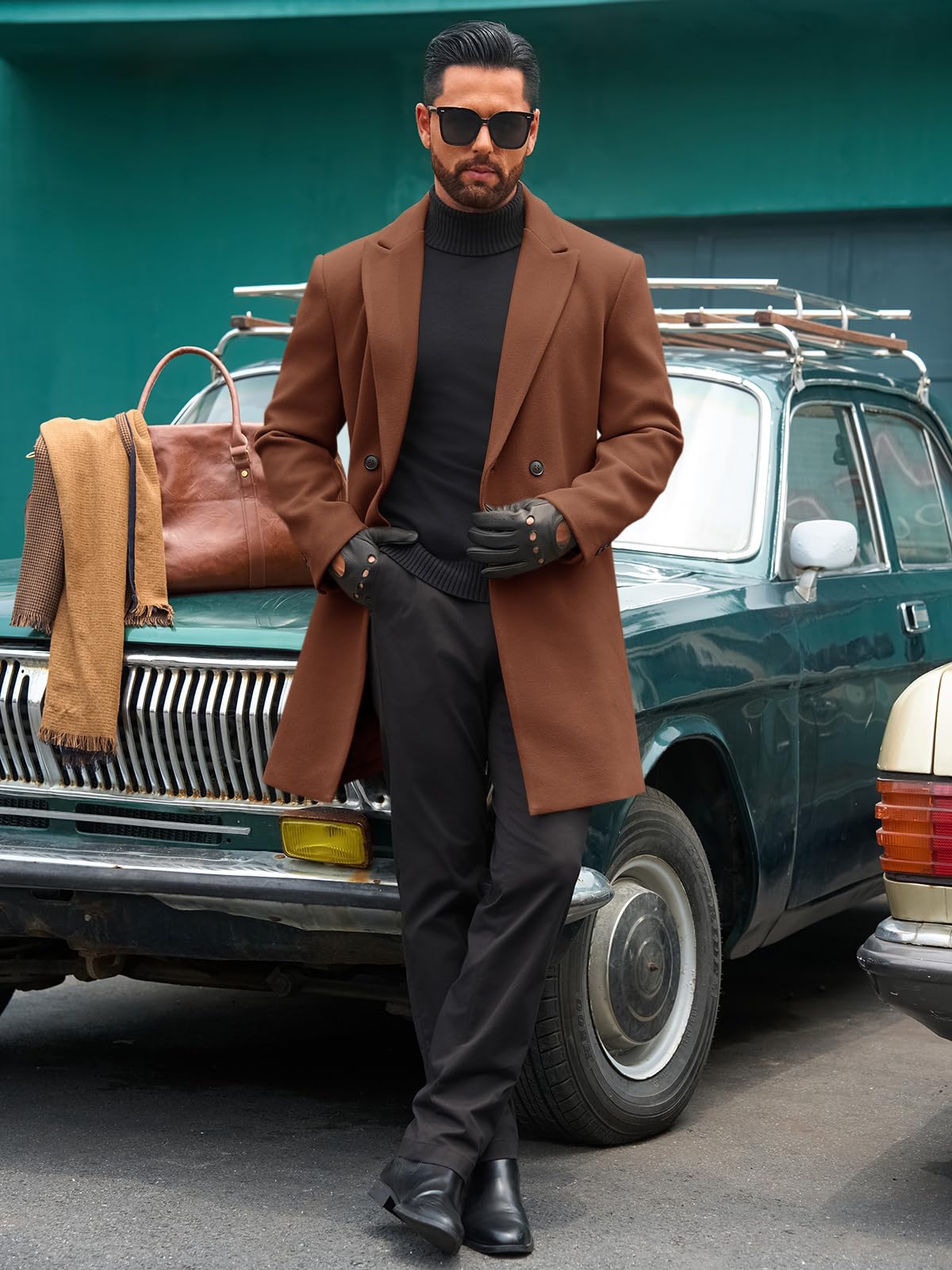 Runcati Mens Trench Coat Notched Lapel Double Breasted Mid Long Pea Coat Casual Fall Winter Classic Overcoat