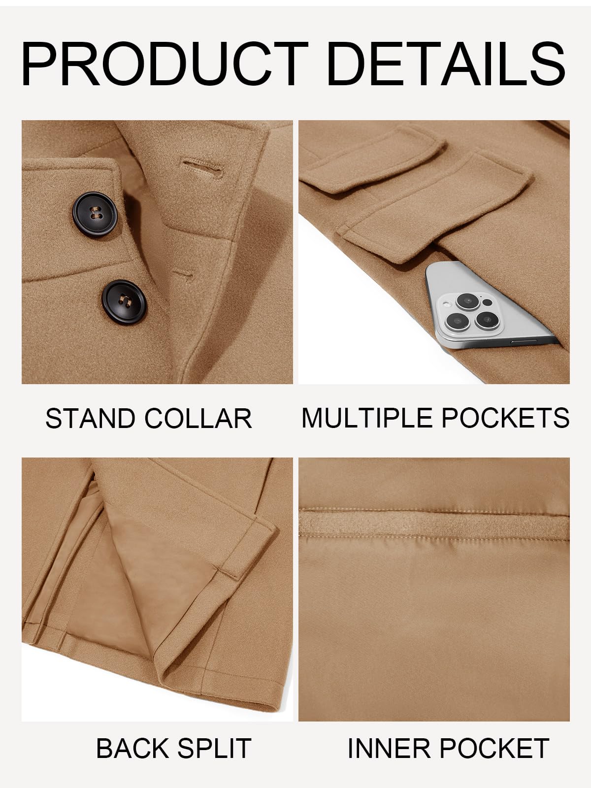 Runcati Mens Pea Coats Single Breasted Stand Collar Casual Slim Fit Trench Coat Mid Long Winter Overcoat with Pockets