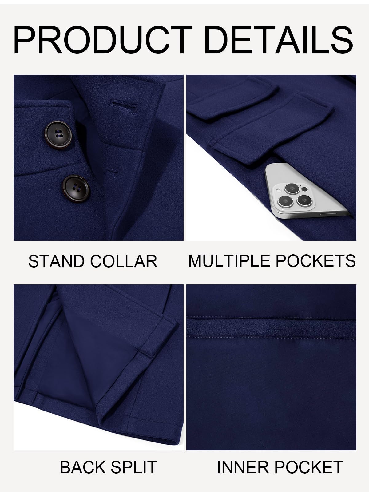 Runcati Mens Pea Coats Single Breasted Stand Collar Casual Slim Fit Trench Coat Mid Long Winter Overcoat with Pockets