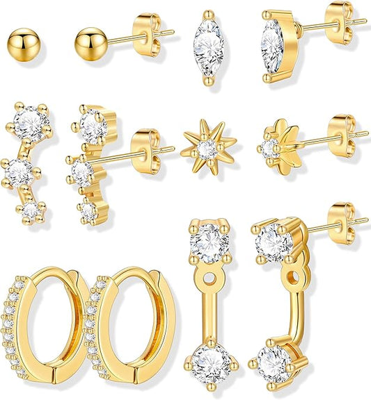 6 Pairs 14K Gold Plated Stud Earrings for Women, Hypoallergenic Cartilage Earrings for Multiple Piercing, Dainty Small Stackable Earrings Jewelry Set