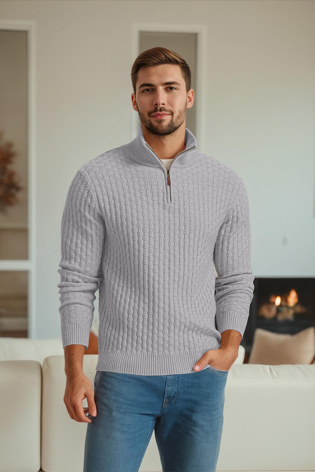 Askdeer Men's Quarter Zip Sweater Waffle Knit Sweater Mock Neck Polo Sweater Casual Pullover Sweater with Ribbing Edge