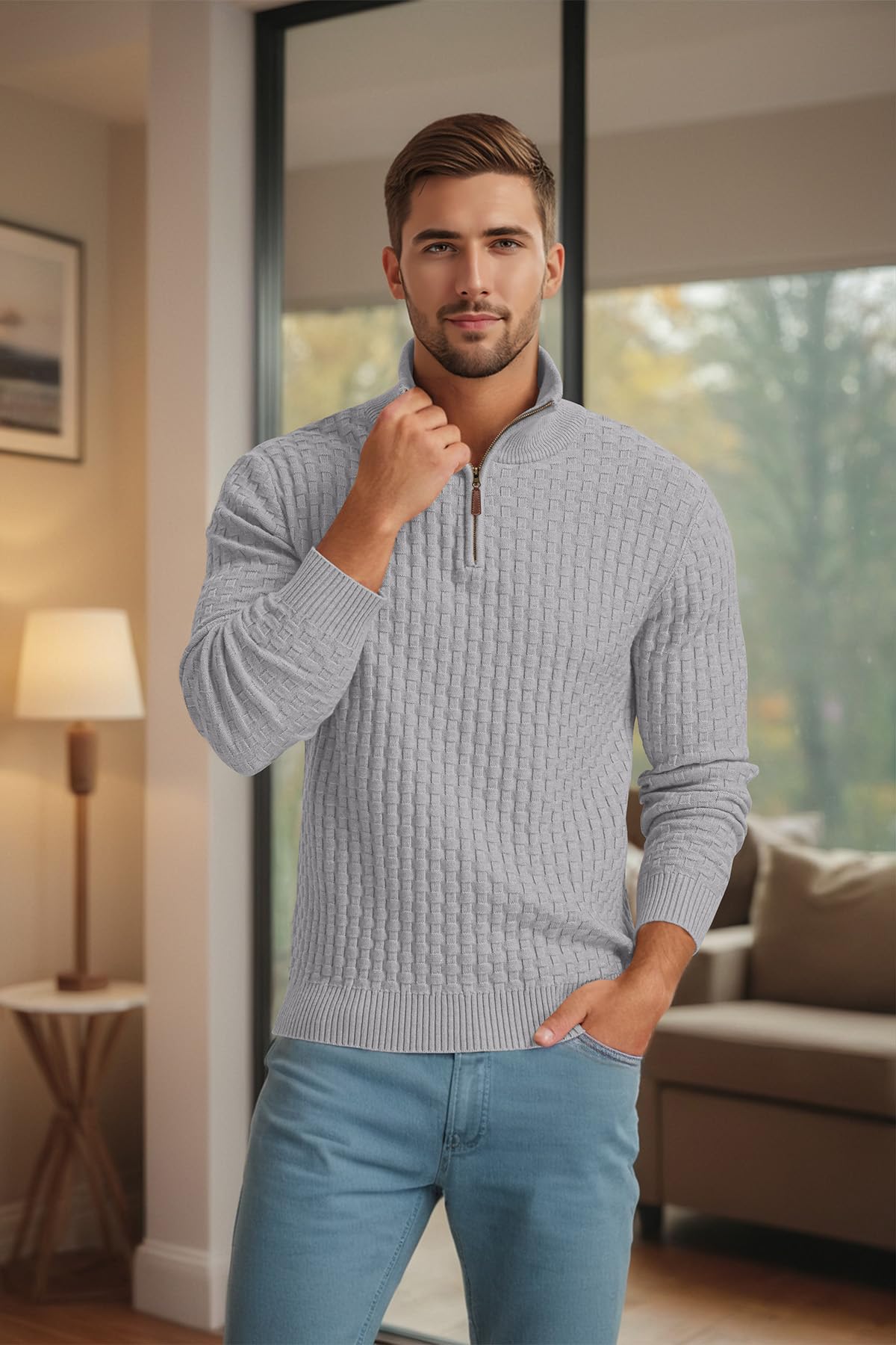 Askdeer Men's Quarter Zip Sweater Waffle Knit Sweater Mock Neck Polo Sweater Casual Pullover Sweater with Ribbing Edge