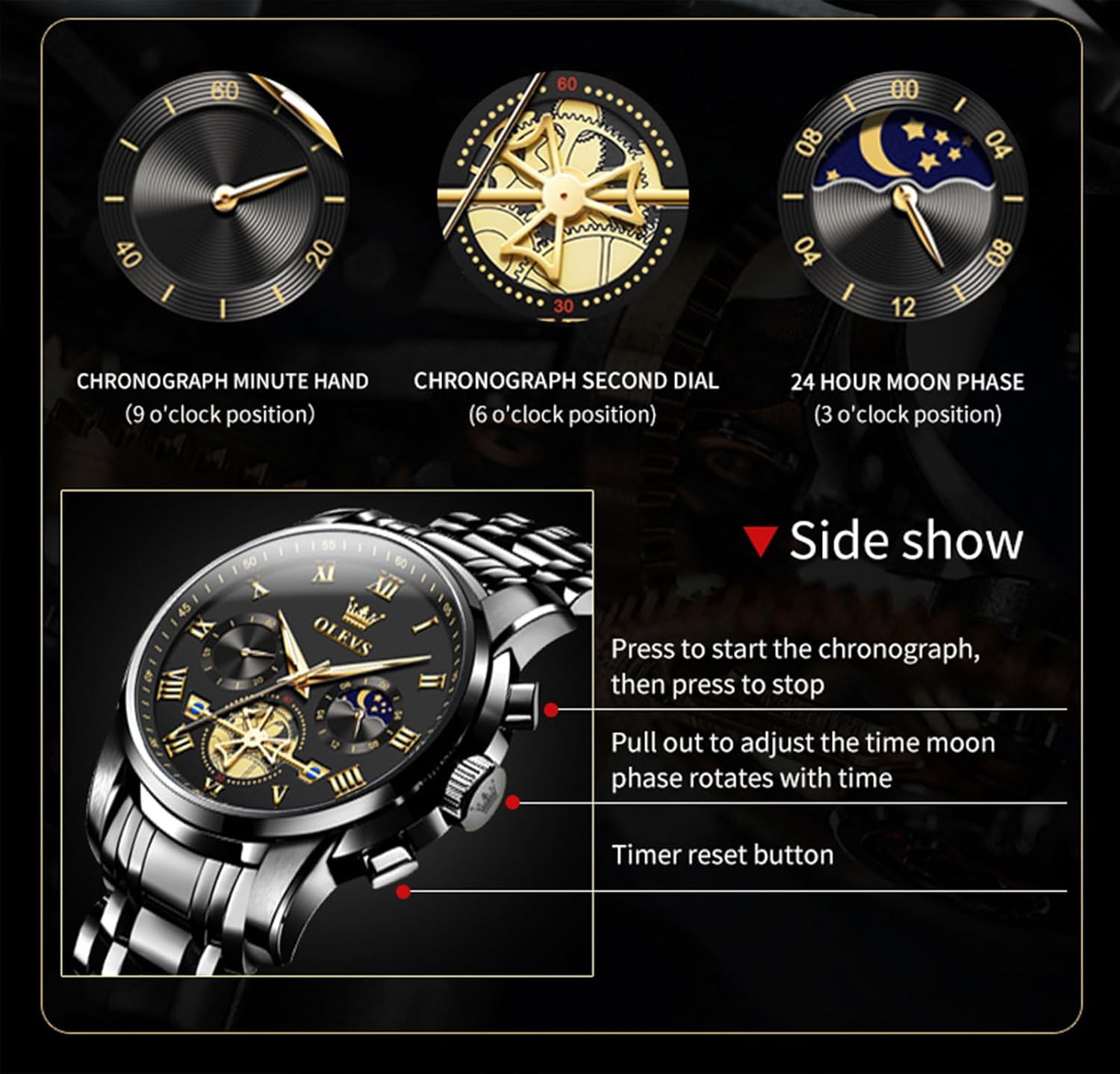 OLEVS Watches Men Waterproof Luxury Big Face Mens Watch Stainless Steel Quartz Analog Dress Watches for Men Luminous Multifunction Man Watch Relojes De Hombre