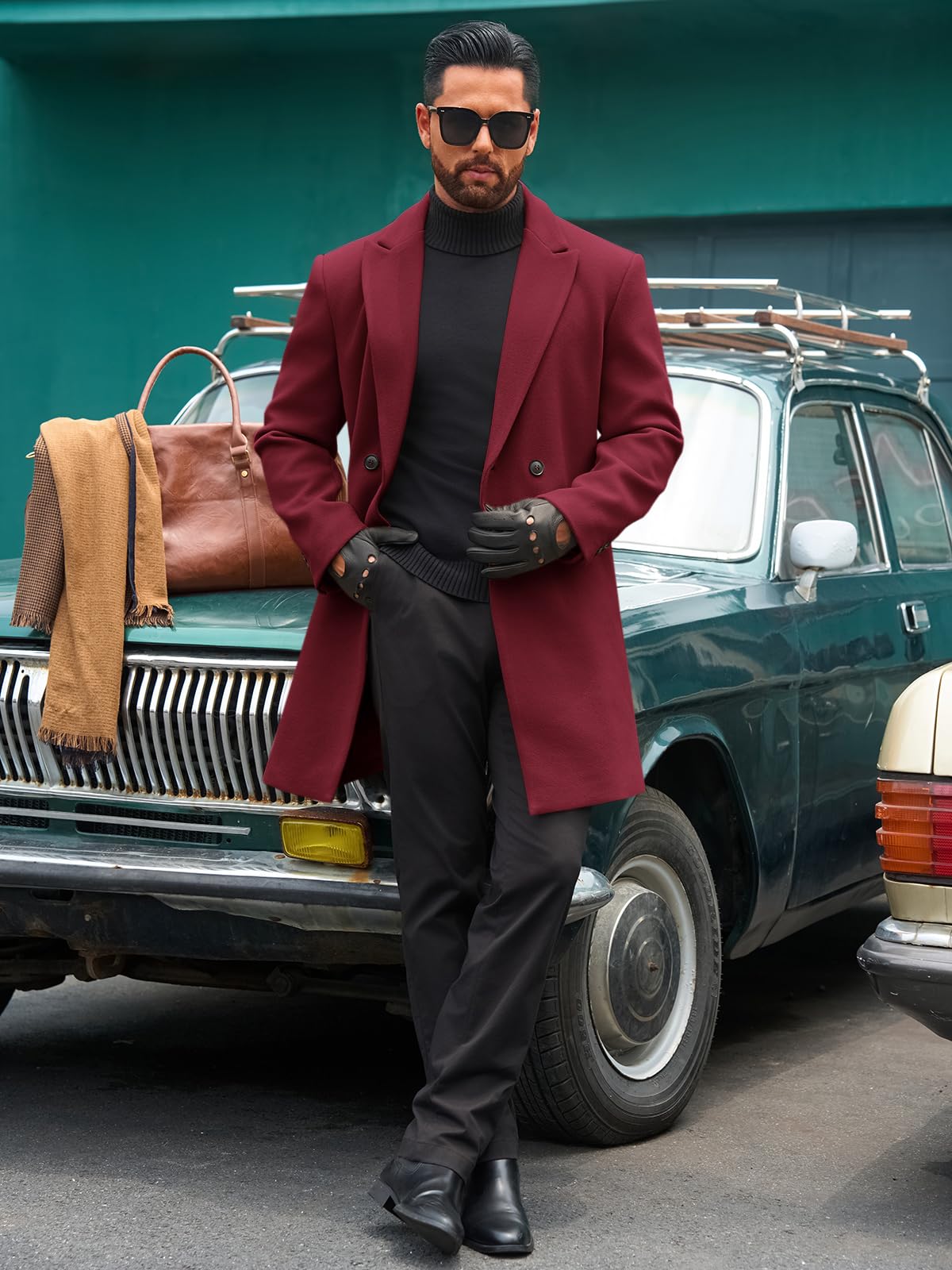 Runcati Mens Trench Coat Notched Lapel Double Breasted Mid Long Pea Coat Casual Fall Winter Classic Overcoat