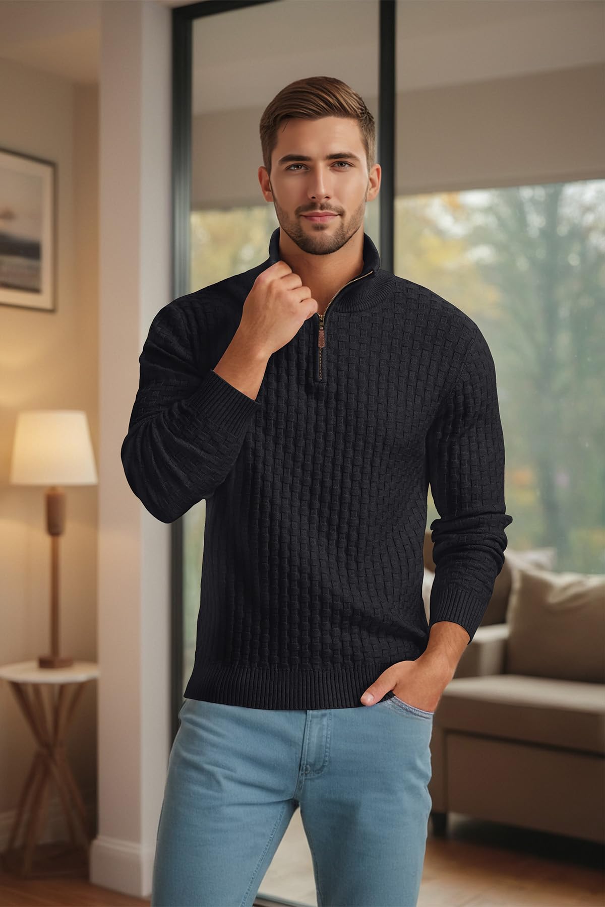 Askdeer Men's Quarter Zip Sweater Waffle Knit Sweater Mock Neck Polo Sweater Casual Pullover Sweater with Ribbing Edge