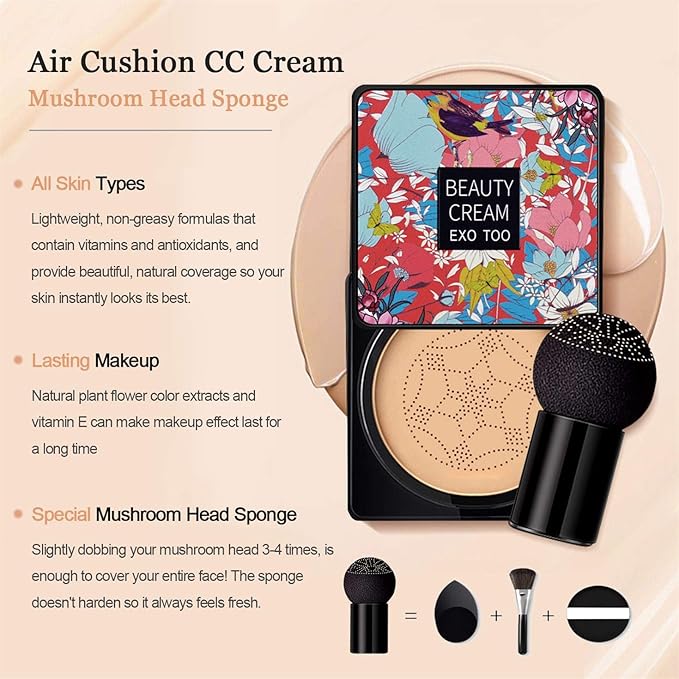 NUIBO Air Cushion CC Cream Mushroom Head, Moisturizing Concealer Makeup Base, Primer Liquid Foundation Long Lasting with Mushroom Makeup Sponges