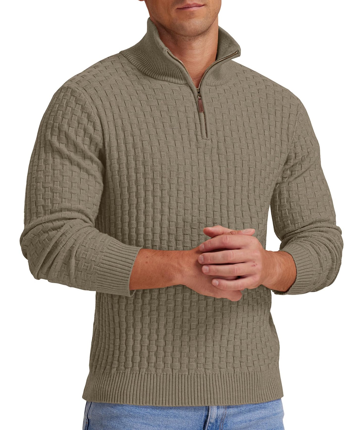 Askdeer Men's Quarter Zip Sweater Waffle Knit Sweater Mock Neck Polo Sweater Casual Pullover Sweater with Ribbing Edge