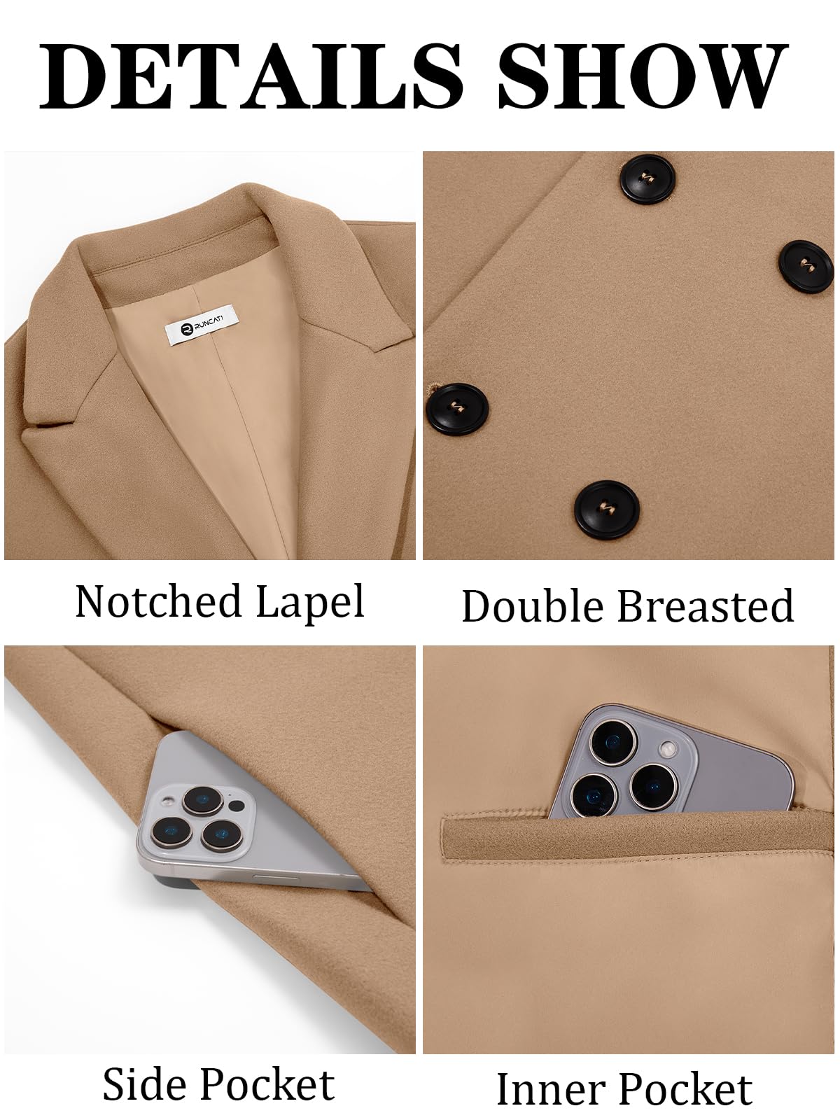 Runcati Mens Trench Coat Notched Lapel Double Breasted Mid Long Pea Coat Casual Fall Winter Classic Overcoat