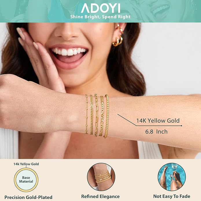 adoyi Gold Bracelets for Women, 14K Gold Plated Stackable Bracelet Stack Set