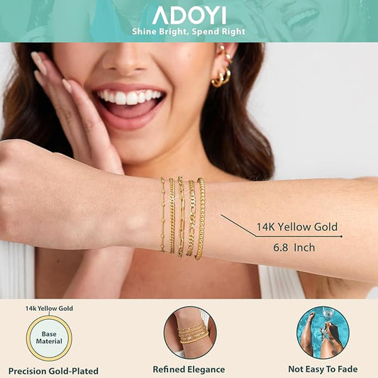 adoyi Gold Bracelets for Women, 14K Gold Plated Stackable Bracelet Stack Set