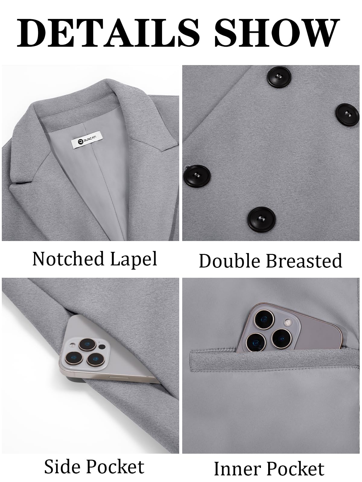 Runcati Mens Trench Coat Notched Lapel Double Breasted Mid Long Pea Coat Casual Fall Winter Classic Overcoat