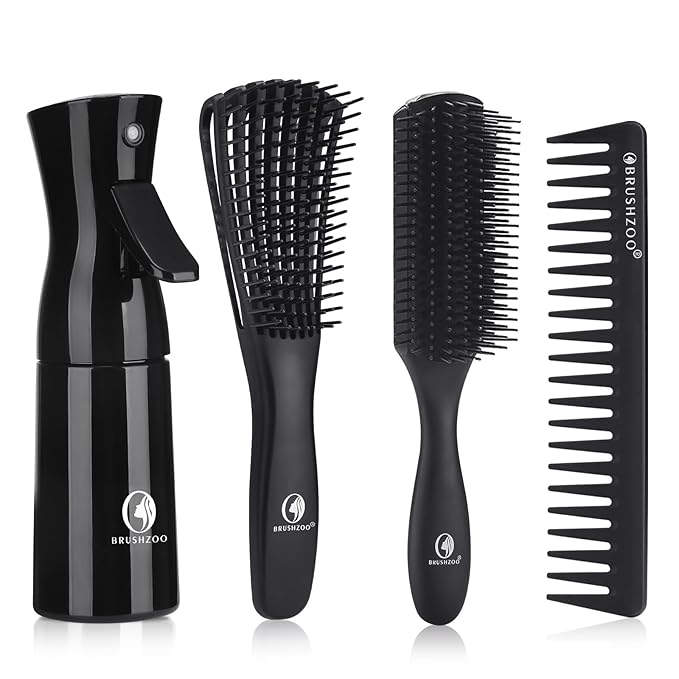 BRUSHZOO Hair Brush Set for Women, Men, and Kids - Detangling Brushes for Curly and Natural 3/4abc Hair, Wide Tooth Comb