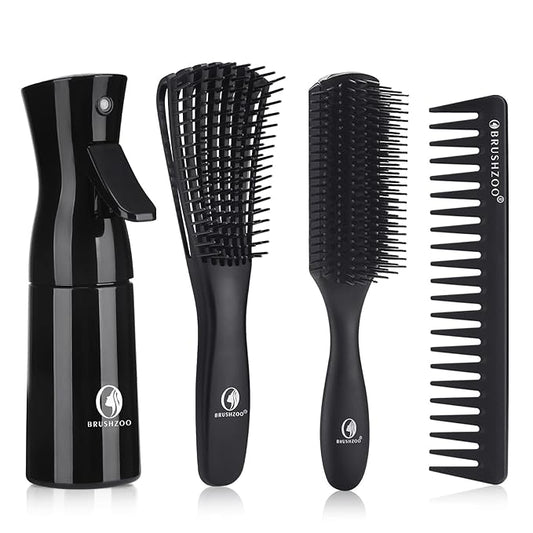 BRUSHZOO Hair Brush Set for Women, Men, and Kids - Detangling Brushes for Curly and Natural 3/4abc Hair, Wide Tooth Comb