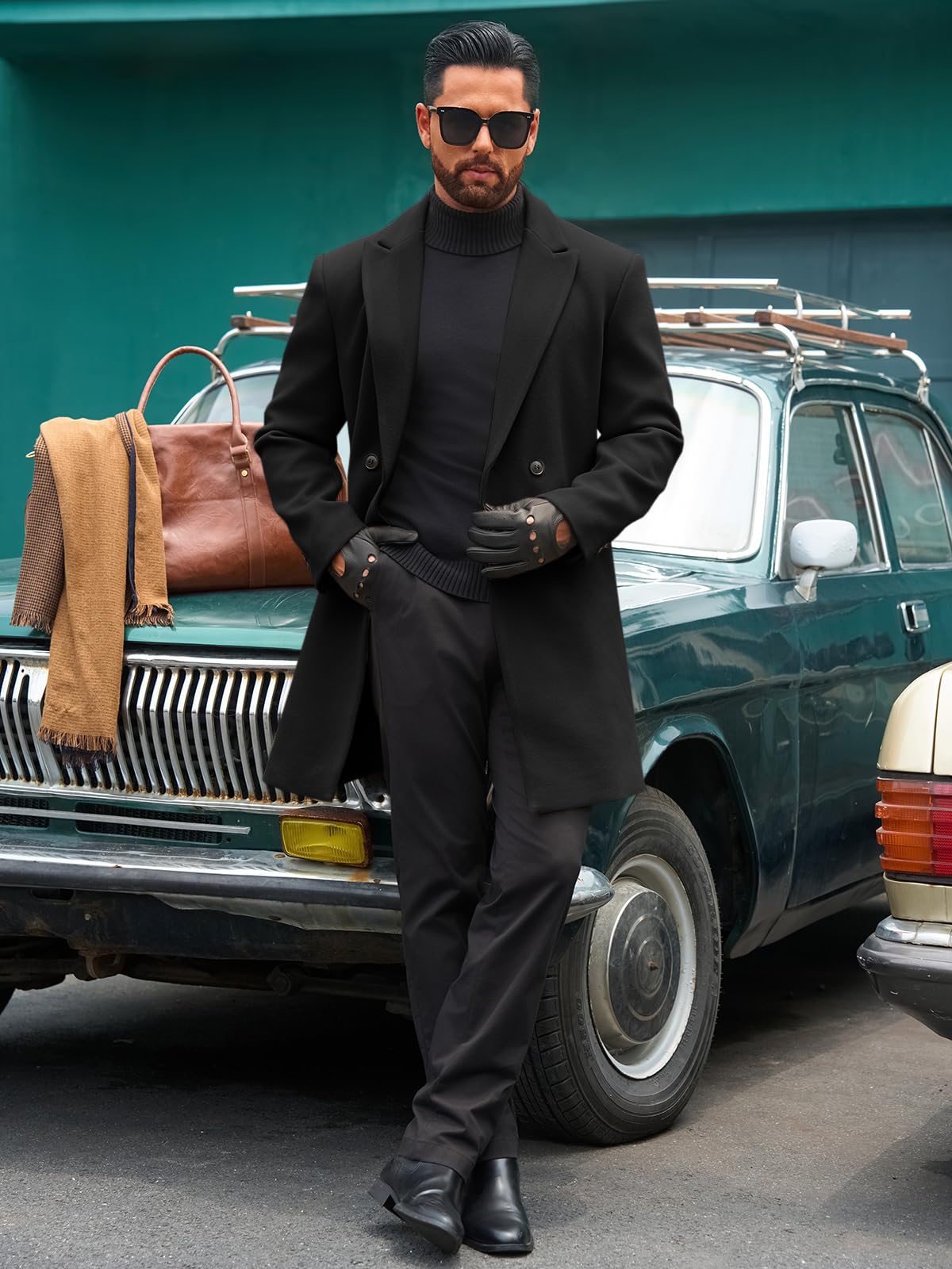 Runcati Mens Trench Coat Notched Lapel Double Breasted Mid Long Pea Coat Casual Fall Winter Classic Overcoat