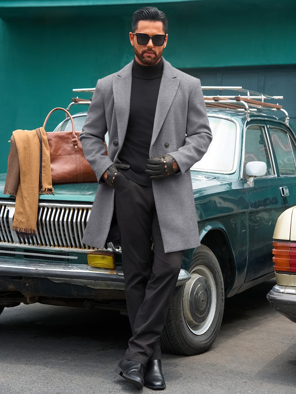 Runcati Mens Trench Coat Notched Lapel Double Breasted Mid Long Pea Coat Casual Fall Winter Classic Overcoat