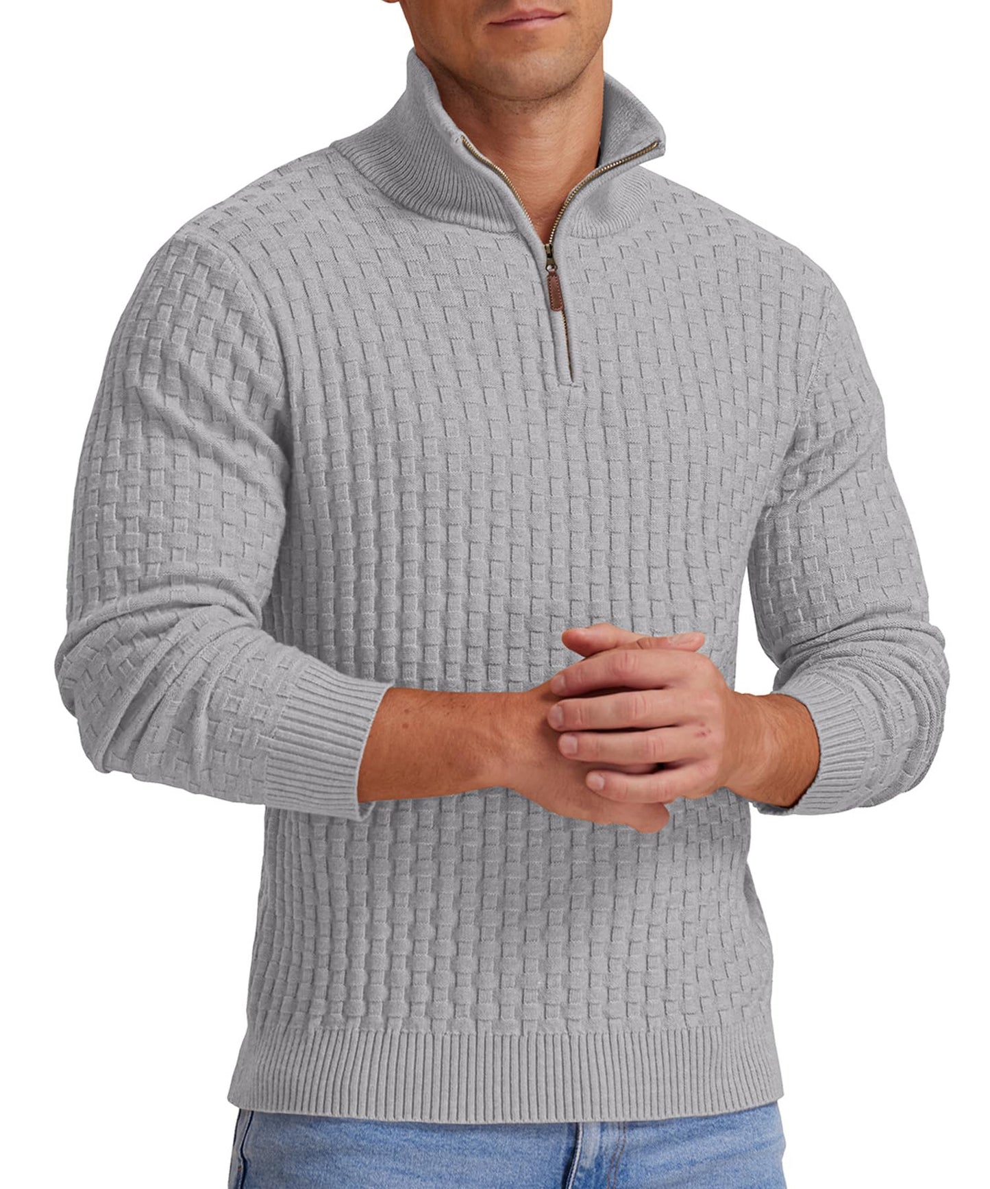 Askdeer Men's Quarter Zip Sweater Waffle Knit Sweater Mock Neck Polo Sweater Casual Pullover Sweater with Ribbing Edge