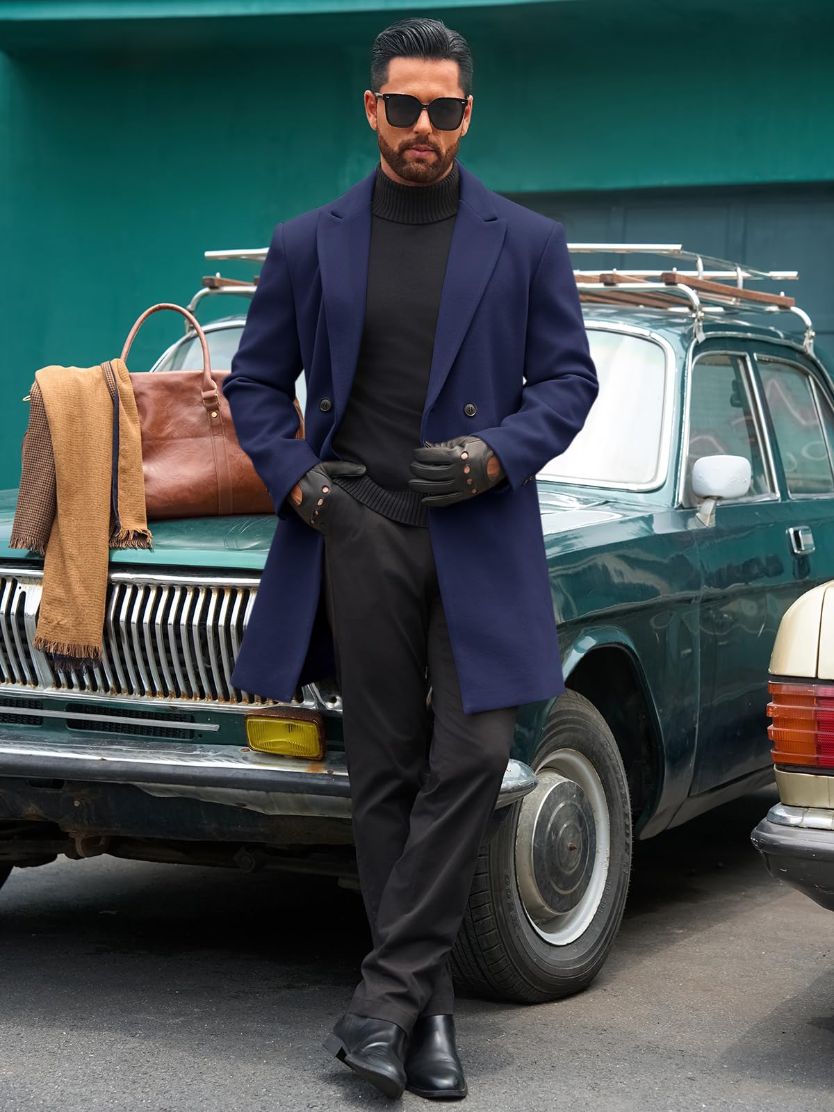 Runcati Mens Trench Coat Notched Lapel Double Breasted Mid Long Pea Coat Casual Fall Winter Classic Overcoat