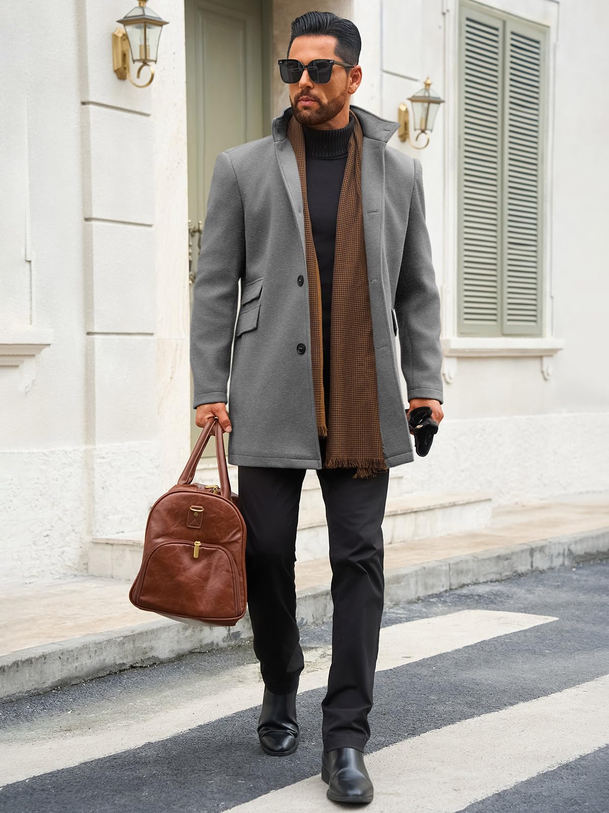 Runcati Mens Pea Coats Single Breasted Stand Collar Casual Slim Fit Trench Coat Mid Long Winter Overcoat with Pockets