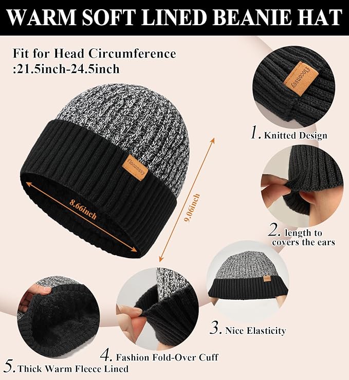 Men's Winter Hat Scarf Gloves Set, 3 PCS Warm Beanie Long Scarf Fleece Lined Touchscreen Gloves for Cold Weather